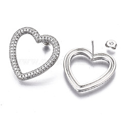 真鍮マイクロペーブクリアキュービックジルコニアスタッドピアス  耳ナッツ  ハート  ニッケルフリー  プラチナ  25x25mm  ピン：0.8mm&nbsp;EJEW-T046-012P-NF
