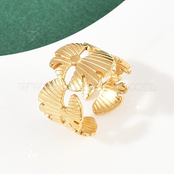 304ステンレススチール製調節可能な女性用オープンカフリング  葉  ゴールドカラー  15mm  内径: 調節可能&nbsp;LS-RJEW-K299-01G