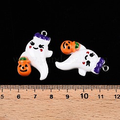 ハロウィン不透明樹脂ペンダント  プラチナトーンの鉄ループ付き  カボチャと幽霊  ホワイト  32x19x5.5mm  穴：2mm&nbsp;RESI-D055-105P