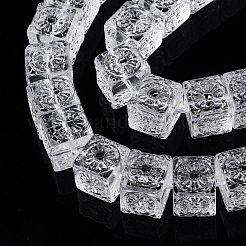 透明ガラスビーズ連売り  花を持つキューブ  透明  10~11x10~11x10~11mm  穴：1mm  約38個/連  14.96インチ（38cm）&nbsp;GLAA-N001-45