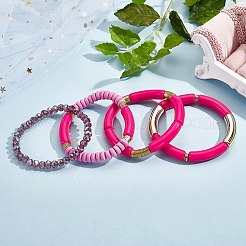 4 個 4 スタイル アクリル分厚いカーブチューブ ストレッチ ブレスレット セット  ポリマークレイとガラスビーズの積み重ね可能な女性用ブレスレット  濃いピンク  内径：2-1/8インチ（5.3cm）  1個/スタイル&nbsp;BJEW-SW00074-01