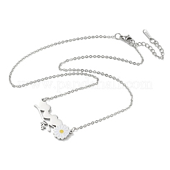 304ステンレススチール製、エナメル加工の白いデイジーの花とハートのペンダントが付いたアズキチェーンネックレス（女性用）  ステンレス鋼色  18.11インチ（46cm）&nbsp;NJEW-K309-01P