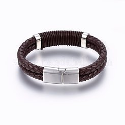 レザー編み込みコードブレスレット  304ステンレススチール製マグネット留め具  長方形  ココナッツブラウン  8-5/8インチ（22cm）  12~15x6~10mm&nbsp;BJEW-E345-08A-P