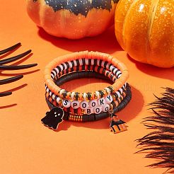 4Pcs 4 Style Polymer Clay Heishi Surfer Stretch Bracelets Set with Word Spooky Boo Acrylic Beads&nbsp;BJEW-TA00127