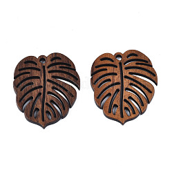 天然ウォールナットウッドペンダント  モンステラ葉  サドルブラウン  32x27x2mm  穴：2mm&nbsp;X-WOOD-N011-004