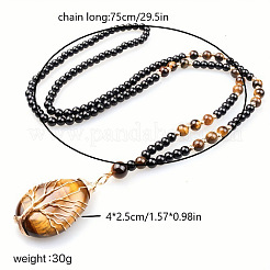 Natural Tiger Eye Copper Wire Wrapped Tree of Life Teardrop Pendant Black Round Beaded Necklaces for Men&nbsp;EF1555