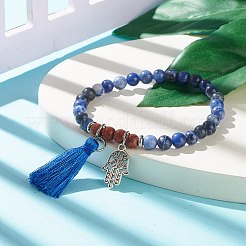 天然宝石とウッドストレッチブレスレット  女性用ハムサハンドアロイ＆ポリエステルタッセルチャームブレスレット  内径：2-3/8インチ（6cm）&nbsp;BJEW-JB07936