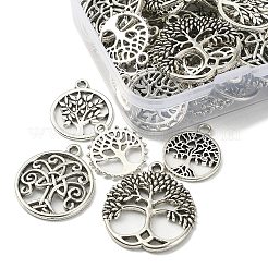 50pcs5スタイルチベットスタイルアロイペンダント  命の木とフラットラウンド  アンティークシルバー  18~23.5x16~20x1.5~3mm  穴：1.8~2mm&nbsp;TIBE-YW0001-35