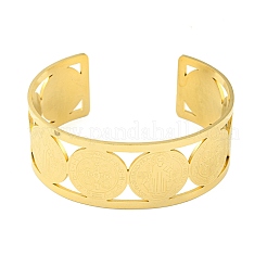 304 Stainless Steel Wide Hollow Saint Benedict Medal Open Cuff Bangles&nbsp;LS-BJEW-S154-01G