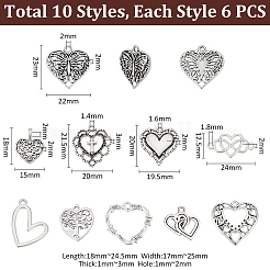 60pcs10スタイルチベットスタイルアロイペンダント  ハート  アンティークシルバー  18~24x15~25x2~3mm  穴：1~2mm  6個/スタイル&nbsp;FIND-UN0015-56