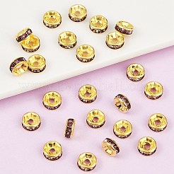 真鍮製ラインストーンスペーサービーズ  カドミウムフリー＆鉛フリー  グレードA  ストレートフランジ  ゴールデンの金属色  ロンデル  ライトアメジスト  6x3mm  穴：1mm&nbsp;RB-A014-Z6mm-10G