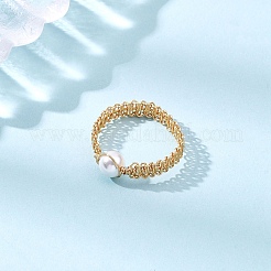女性用ラウンドシェルパール編みビーズ指輪  銅線と  ゴールドカラー  6.5mm  内径：20mm&nbsp;RJEW-JR00950-01