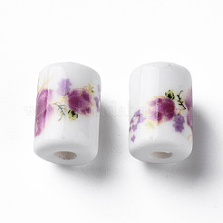 花柄プリントの磁器ビーズ  花柄の円柱型セラミックビーズ  暗い蘭  12.5x8.5mm  穴：3mm&nbsp;PORC-T007-13