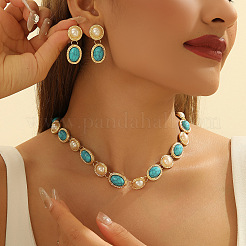 Oval Synthetic Turquoise & Imitation Pearl Earrings & Necklaces Sets for Women&nbsp;FS-WGC1BDB-01