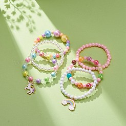 アクリルビーズストレッチブレスレットセット6個。  女の子のための子供のブレスレット  合金エナメルペンダント付き  abs プラスチック模造パール ビーズと弾性クリスタル スレッド  ミックスカラー  内径：1-3/4インチ（4.5cm）&nbsp;BJEW-JB08728