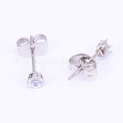 ステンレス製のスタッドのピアス  クリアキュービックジルコニアとイヤーナット付き  フラットラウンド  ステンレス鋼色  13.5x3mm  ピン：0.7mm&nbsp;EJEW-WH0005-01P-A