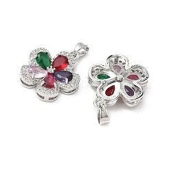 真鍮製マイクロパヴェキュービックジルコニアペンダント  カドミウムフリー＆ニッケルフリー＆鉛フリー  花  プラチナ  19.5x17.5x4.5mm  穴：3.5x2.5mm&nbsp;KK-S532-10P-C