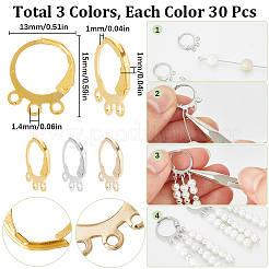 90 個 3 色の真鍮フレンチフックピアスパーツ  トリプル水平ループ付き  ミックスカラー  15x13x1mm  穴：1.4mm  ピン：1mm  30個/カラー&nbsp;KK-SC0004-53