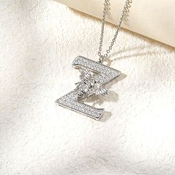 真鍮製マイクロパヴェクリアキュービックジルコニアペンダントネックレス  プラチナ  文字Z  15.75インチ（40cm）  ペンダント：29.5x22mm&nbsp;FS-WG7BC7F-15