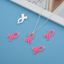 乳癌予防意識ピンクリボン合金エナメルチャーム  銀色のメッキ  25x15x2mm  穴：2mm&nbsp;X-ENAM-E262-S