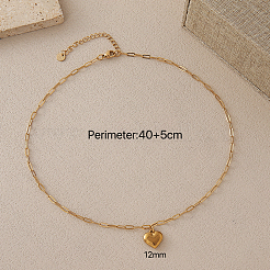 304ステンレススチール製ハート型ペンダントとペーパークリップチェーンネックレス（女性用）  18KGP本金メッキ  15.75インチ（40cm）&nbsp;UC6740-2