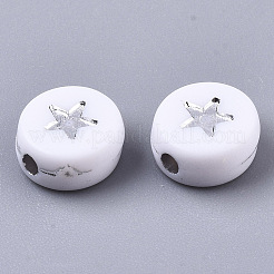 不透明なアクリルビーズ  スターとフラットラウンド  ホワイト  銀メッキ  7x4mm  穴：1.5mm  約3600個/500g&nbsp;PACR-N006-006A-01B