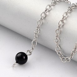 天然黒曜石球ダウジング振り子  プラチナ調真鍮クロスチェーン&カニカン付き  225~240mm&nbsp;X-BJEW-E292-A04