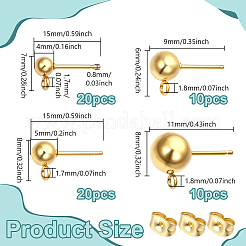 60個 4スタイル 304ステンレススチールスタッドピアス金具  ピアスキャッチとカン付き  24KGP本金メッキ  9~15mm  穴：1.7~1.8mm  ボール：4~8mm  ピン：0.8mm&nbsp;STAS-NB0001-99