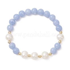 Natural Dyed Blue Lace Agate & Cultured Freshwater Pearl Round Beads Stretch Bracelets for Women&nbsp;BJEW-JB12706