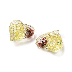 内側のドライフラワー透明樹脂ペンダント  真鍮のパーツと  ハートチャーム  きいろ  25.5x25.5x11mm  穴：1.8mm&nbsp;LS-RESI-A043-03B