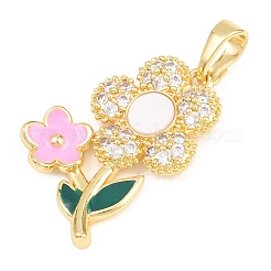 バレンタインデーブラスマイクロパヴェキュービックジルコニアペンダント  エナメル&シェル付き  花のチャーム  長持ちメッキ  ラックめっき  鉛フリー＆カドミウムフリー  18KGP本金メッキ  23.5x15.5x3.5mm  穴：5.5x3mm&nbsp;KK-H273-15G