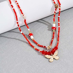 Resin Mushroom & Natural Shell & Glass Seed Beaded Alloy Butterfly Charm Double Layer Stretch Waist Chains for Women&nbsp;FS-WGE52BD-01