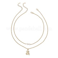 Alloy Bear and White Round Pendant 304 Stainless Steel Cable Chain Double Layer Necklaces for Women&nbsp;NJEW-JN05758-01