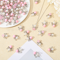 アクリル＆合金ペンダント  鉄パーツ  天使  ラウンド  アンティークシルバー＆プラチナ  ピンク  23x18x3mm  穴：3mm  100個/セット&nbsp;PALLOY-CA00011