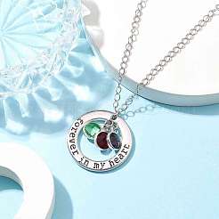 Glass and Alloy Round With Word Forever In My Heart Pendant Necklace&nbsp;NJEW-JN04697-03