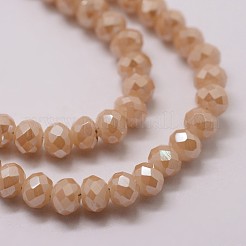 電気メッキガラスビーズ連売り  ロンデル  多面カット  パール光沢メッキ  桃パフ  4x3mm  穴：1mm  約130~135個/連  （15.3~15.7インチ）39~40cm&nbsp;X-GLAA-K016-3x4mm-02PL