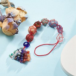 7 チャクラナゲット天然石ポケットペンダント装飾  ナイロン糸と宝石チップのタッセル吊り飾り  レッド  340x22mm&nbsp;HJEW-JM01049-04