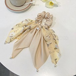 花柄ポリエステル弾性ヘアアクセサリー  女の子または女性のため  プラスチックイミテーションパールビーズ付き  シュシュ/シュシュ ロングテール付きヘアゴム  結び目リボンヘアスカーフ  ビスク  210mm&nbsp;OHAR-PW0007-16D