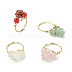 Rose Natural Green Aventurine & Quartz Crystal & Rose Quartz & Dyed Malaysia Jade Finger Rings&nbsp;RJEW-JR00828