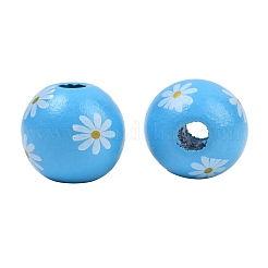 プリントウッドヨーロピアンビーズ  花模様の丸  大穴ビーズ  ディープスカイブルー  16~16.5x14.5mm  穴：4.5mm&nbsp;WOOD-G029-07B