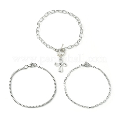 3Pcs 3 Style 316 Surgical Stainless Steel Box & Venetian Chain Bracelets Set with Corss Charms&nbsp;BJEW-FS0001-07