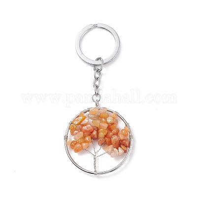 天然宝石キーホルダー 合金スプリットキーリング付き 木と環 プラチナ