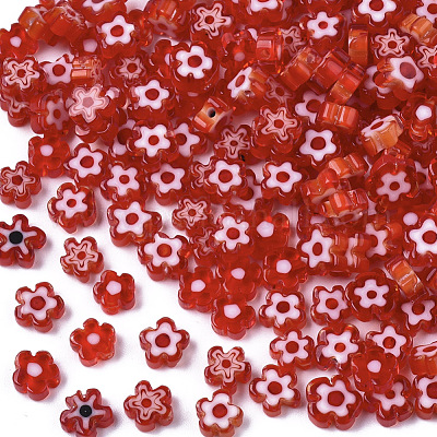 ガラスビーズ  花  レッド  4~6x4~6x2~3mm  穴：1mm&nbsp;GLAA-T019-16-A01-1
