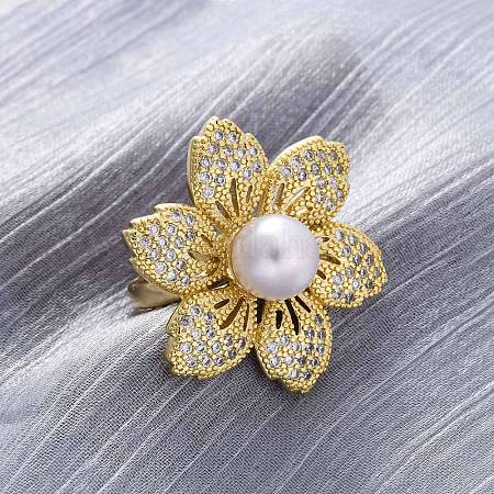 Brass Micro Pave Clear Cubic Zirconia Cuff Rings for Women, Flower, with ABS Plastic Pearl, Long-Lasting Plated, Lead Free & Cadmium Free, Real 18K Brass Micro Pave Clear Cubic Zirconia Cuff Rings for Women, Flower, with ABS Plastic Pearl, Long-Lasting Plated, Lead Free & Cadmium Free, Real 18K