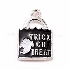 Halloween Alloy Enamel Pendants, Lock with Ghost & Word Trick or Treat Charm, Platinum, 24x15.5x3mm, Hole: 2mm