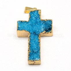 ラフ宝石の天然drusy結晶のペンダントを電気  真鍮パーツ  黄金メッキ  クロス  染め  ミックスカラー  48~60x32~40x5~20mm  穴：4x9mm&nbsp;G-L133-01