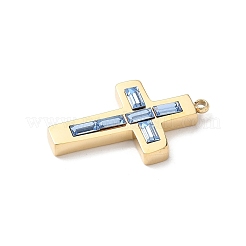 304ステンレススチールラインストーンペンダント  クロスチャーム  14KGP本金メッキ  ライトサファイア  25x15x3.5mm  穴：1.8mm&nbsp;STAS-L022-085G-10
