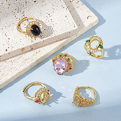 6Pcs 6 Styles Rack Plating Brass Micro Pave Cubic Zirconia Adjustable Ring Components&nbsp;KK-UN0003-42