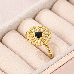 女性用304ステンレススチールエナメルカフリング  太陽模様のオープンリング  ゴールドカラー  ブラック  12.5mm  調整可能&nbsp;RJEW-G338-01G-02