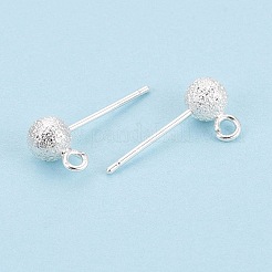 真鍮丸玉スタッドピアスパーツ  カン付き  テクスチャラウンド  925銀メッキ  8x5mm  穴：1.5~1.8mm  ピン：0.8mm&nbsp;KK-ZX026-07S